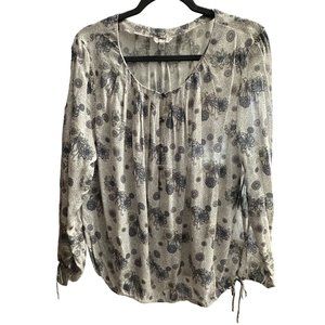 Lucky Brand NWT size L long sleeve gathered cuff and hem blue print Boho top